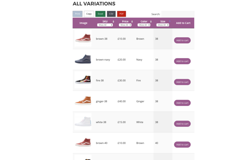 WOOCOMMERCE VARIATIONS TABLE 1.3.13
